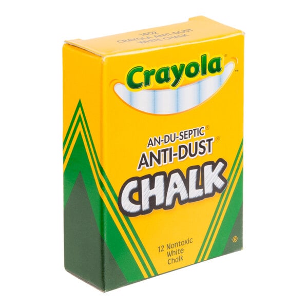 A yellow and green box labeled 'Crayola AN-DU-SEPTIC ANTI-DUST CHALK' containing 12 nontoxic white chalk sticks.