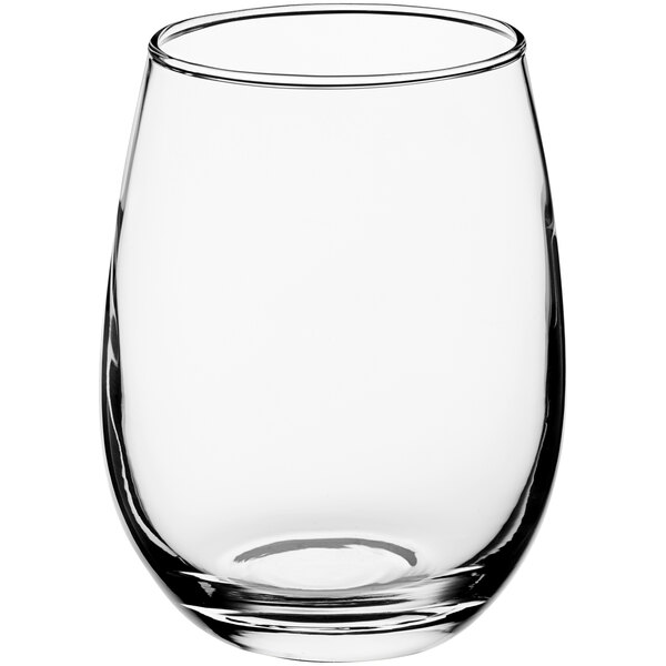 An Acopa narrow stemless wine glass with a white background.