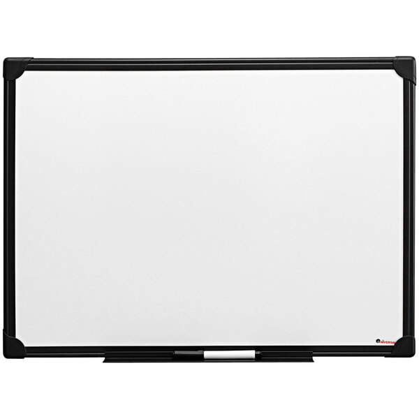 A Universal white melamine dry erase board with a black frame.