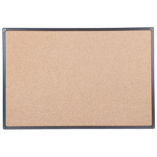 A Universal cork board with black frame.