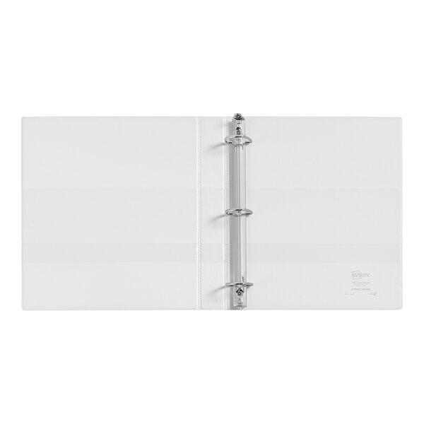 An open white three-ring binder with empty clear pockets on the inside covers.