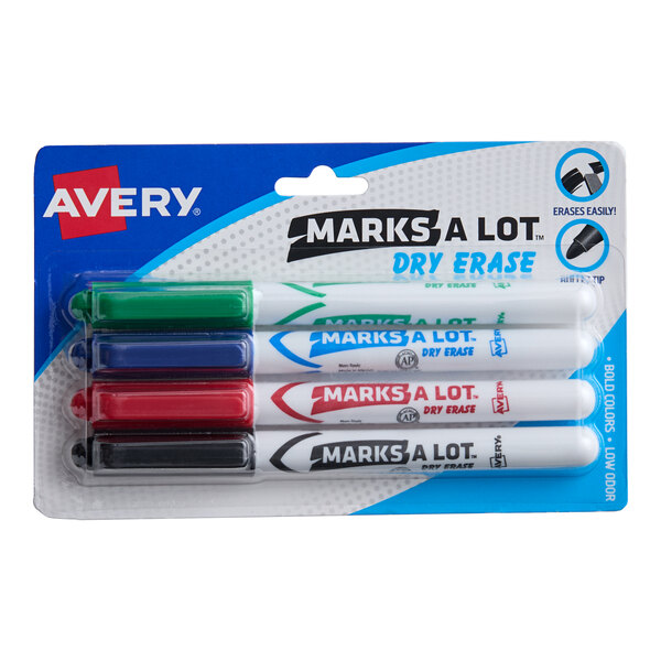 A package of 4 Avery Marks-A-Lot dry erase markers in assorted colors.