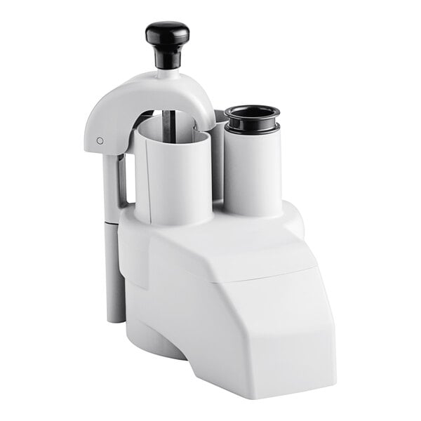 A white Robot Coupe vegetable prep attachment with black handles and a black lid.