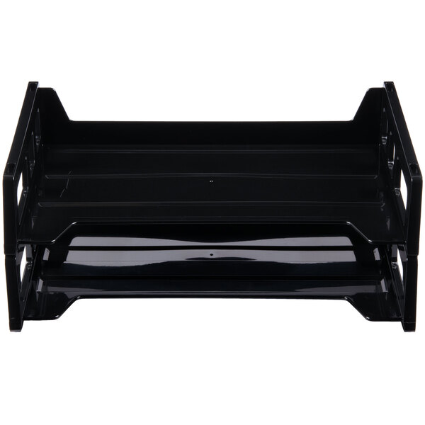 A black plastic stackable desk tray with a handle.