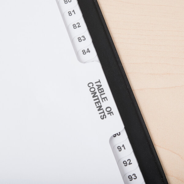 Avery 11397 Premium Collated 76-100 Tab Table of Contents Legal Exhibit Dividers on a table.