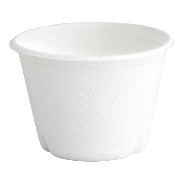 A small white compostable plant fiber portion cup.
