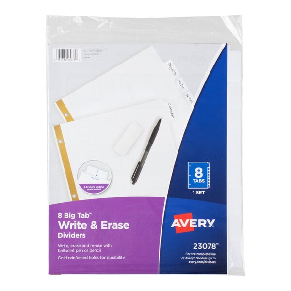A package of white 8-tab write and erase dividers with gold-reinforced holes, shown in clear plastic packaging.