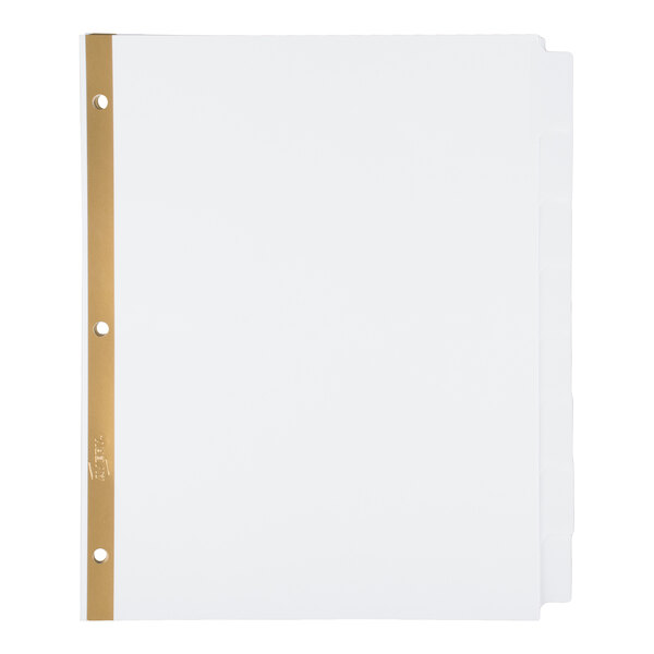 A set of white tabbed dividers with a gold-colored reinforced edge and three punched holes on the left side.