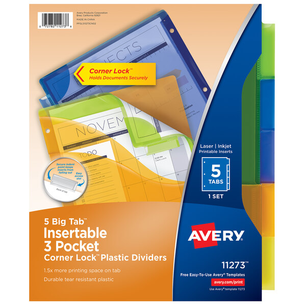 A package of multicolored Avery plastic insertable tab dividers with blue and green labels.