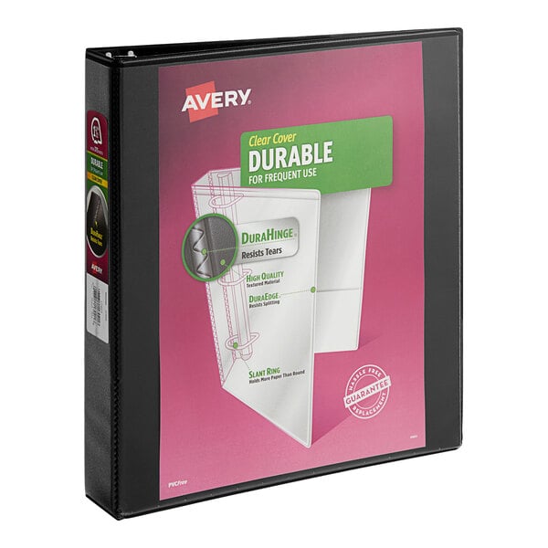 A black Avery Durable View binder with a pink cover.