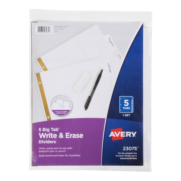 A package of white write and erase dividers with five large tabs, featuring gold-reinforced holes and labeled as Avery brand.