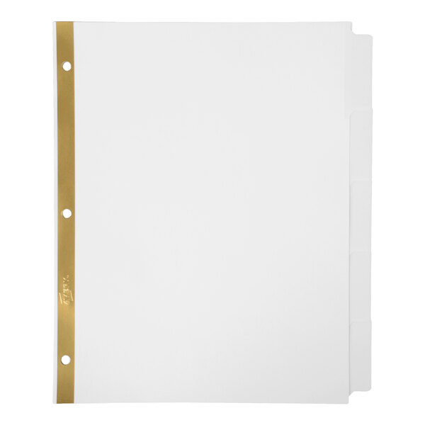 A set of white tabbed dividers with a gold-colored reinforced edge and three punched holes on the left side.