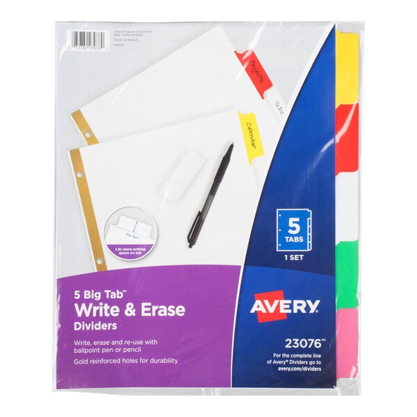 A package of five multi-colored tab dividers with gold-reinforced holes, labeled as write and erase, is shown.