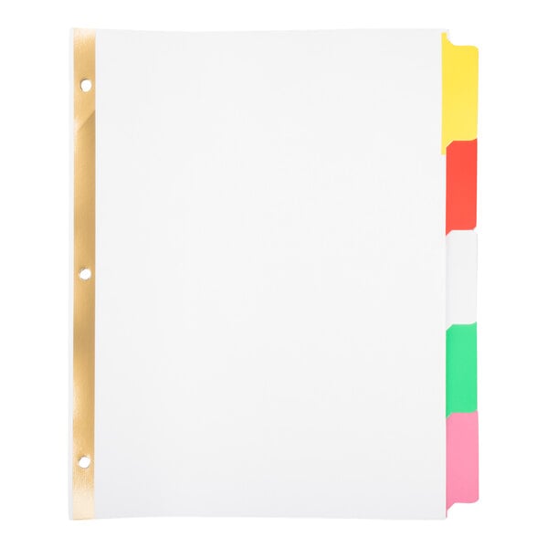 A set of white binder dividers with five colored tabs (yellow, red, white, green, and pink) and a gold-reinforced edge with three punched holes.
