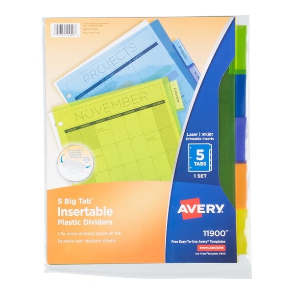 Avery® 11900 Big Tab 5-Tab Insertable Multi-Color Plastic Dividers