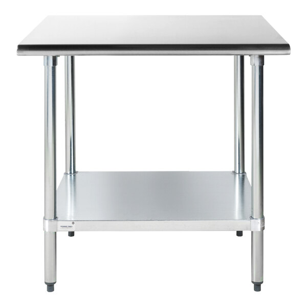 A stainless steel work table with a galvanized undershelf and four legs.