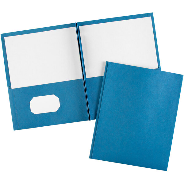 A light blue Avery 2-pocket paper folder with prong fasteners holding white paper.