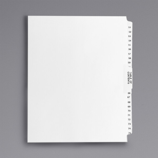 A white file folder with Avery Premium Collated Table of Contents Dividers with black text.