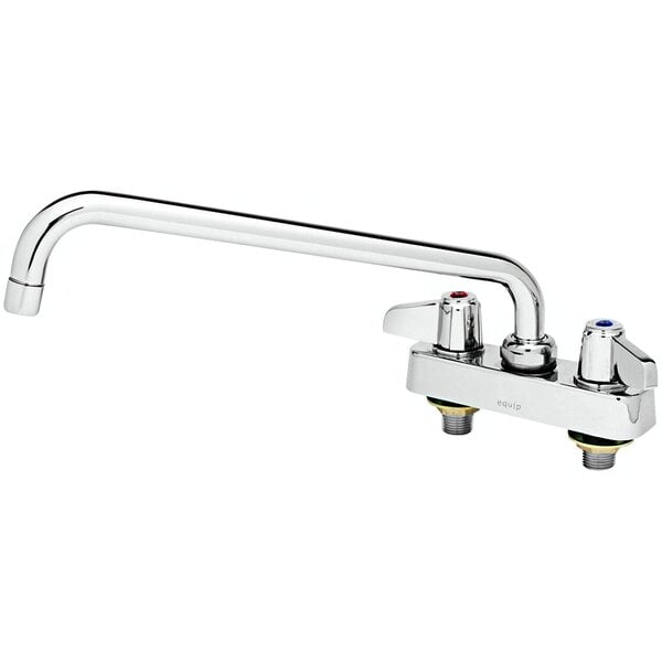 A chrome Equip by T&S deck mounted faucet with two handles and a 10 1/8" swing nozzle.