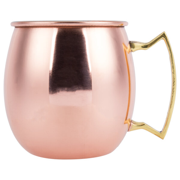 An American Metalcraft mirrored copper Moscow mule mug with a handle.