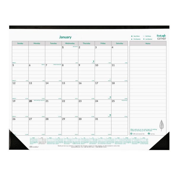 A Brownline desk pad calendar with a white background and green and black numbers for 2024.