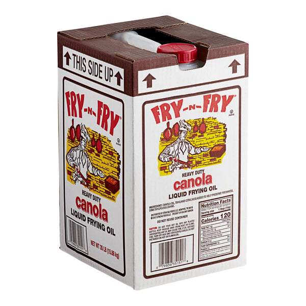 A large rectangular box labeled 'Fry-N-Fry Heavy Duty Canola Liquid Frying Oil' with a red cap visible on top.