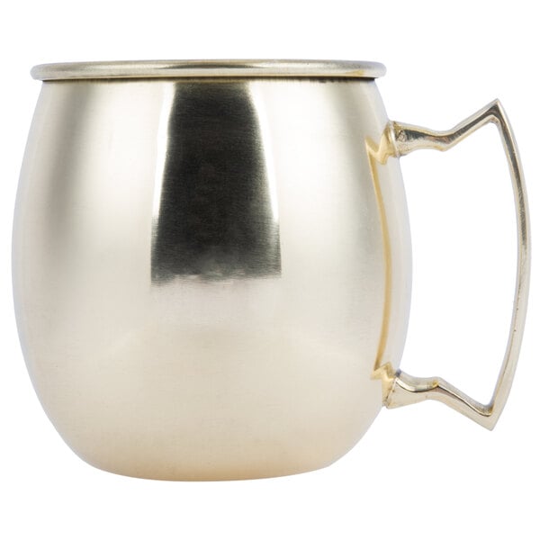An American Metalcraft mirrored gold Moscow Mule mug with a handle.