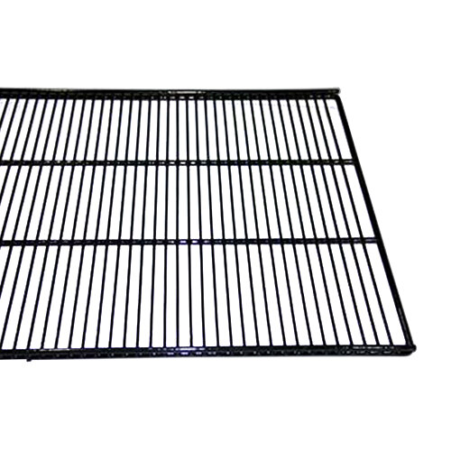 A black coated wire shelf for a merchandiser with shelf clips.