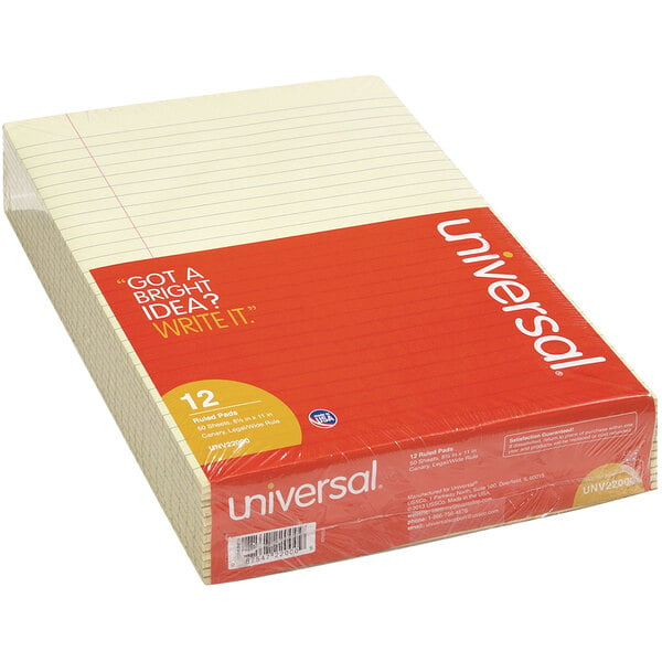 A large pack of 12 Universal legal ruled writing pads with a large orange and white pad on top.