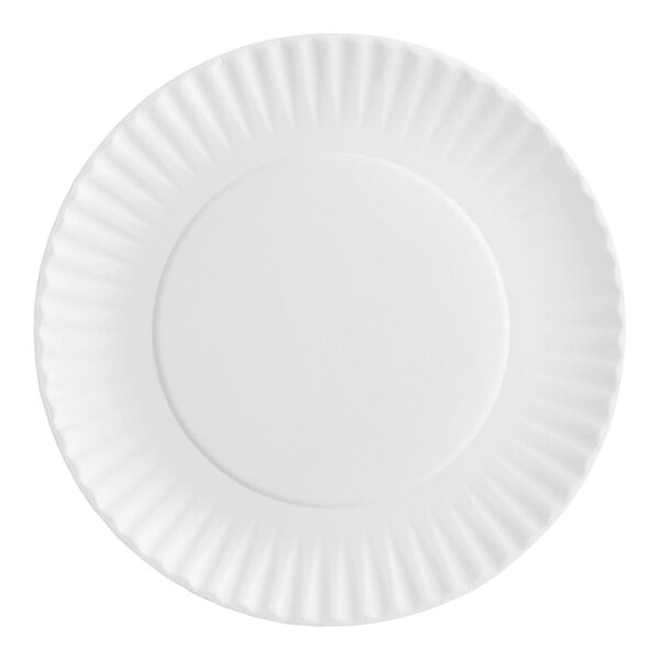 A plain white 9-inch uncoated paper plate with a fluted edge.