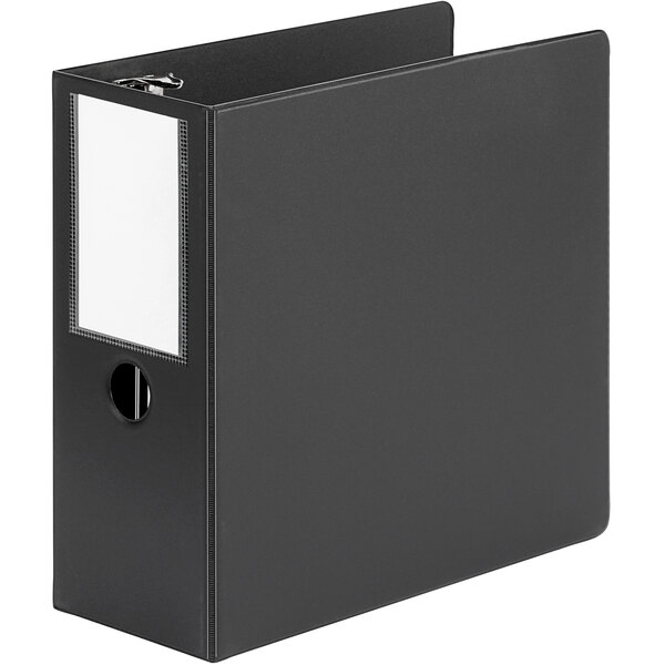 A black Universal binder with a white spine label holder.