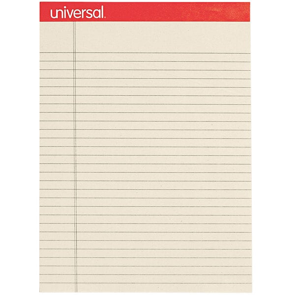 A close up of a Universal ivory legal notepad with red lines on the front.