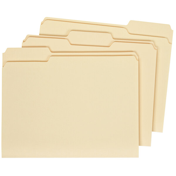 A group of Universal file folders with 2-ply 1/3 cut assorted tabs in four colors.