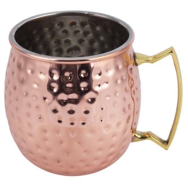 An American Metalcraft hammered copper Moscow mule mug with a handle.