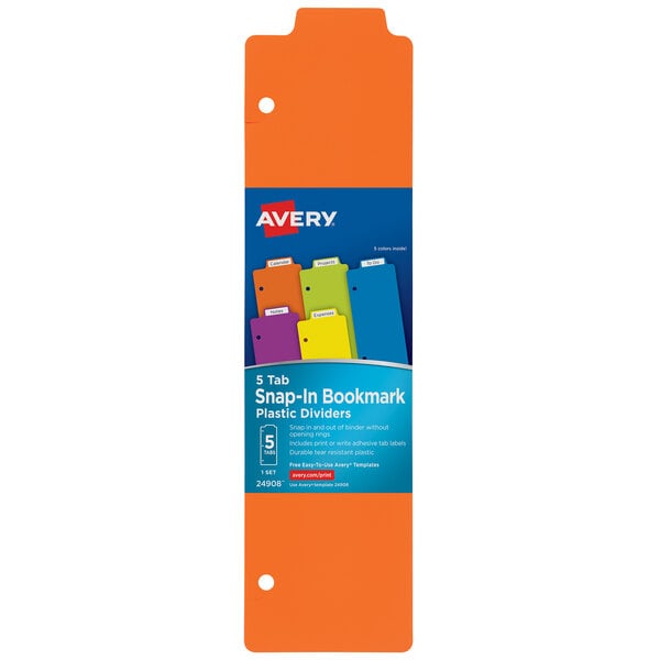 A blue and yellow Avery plastic tabbed bookmark divider with a white label on a yellow file folder.