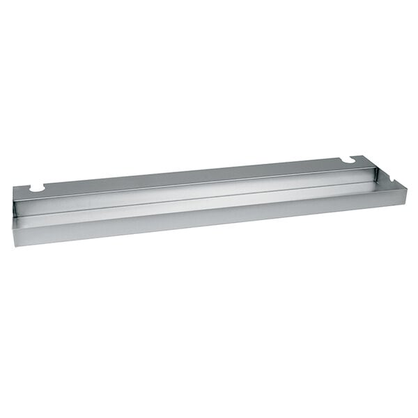 A silver rectangular stainless steel drip tray with a metal handle.