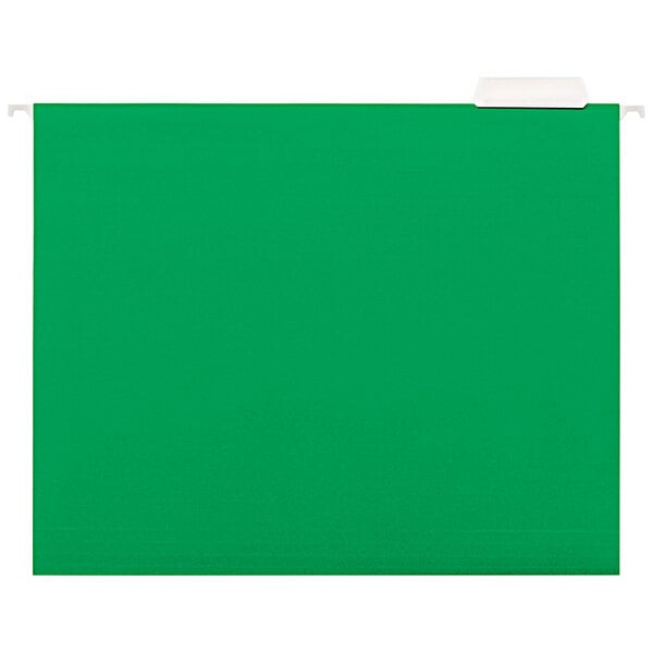 A green letter size hanging file folder with a white tab.