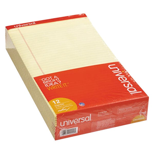 A large stack of 12 large Universal yellow legal pads with perforated edges.