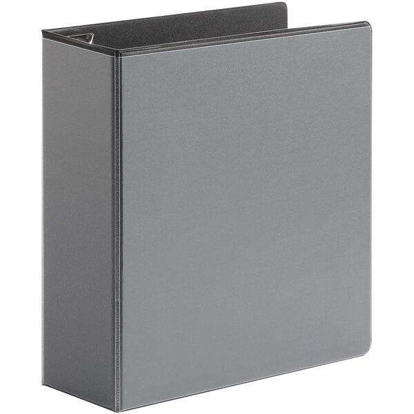A grey binder with black edges.
