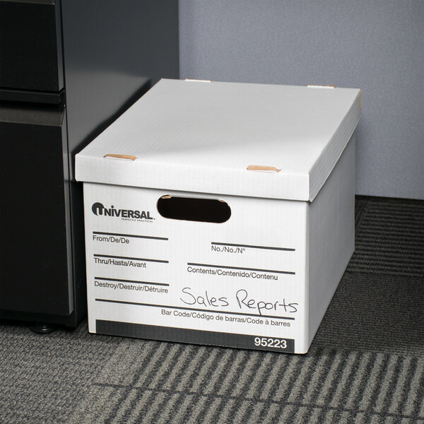 A close-up of a Universal white corrugated storage box with black text on it.