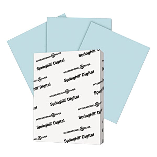 A package of Springhill blue index card stock with a stack of blue index card stock in front.