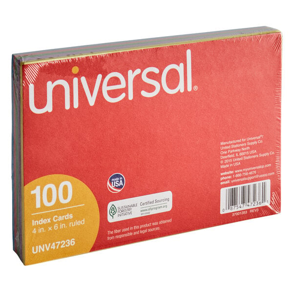 A red Universal box of 12 assorted bright color 3" x 3" self-stick notes.