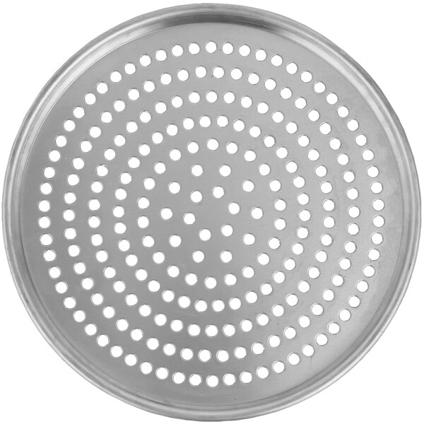 An American Metalcraft heavy weight aluminum pizza pan with holes.