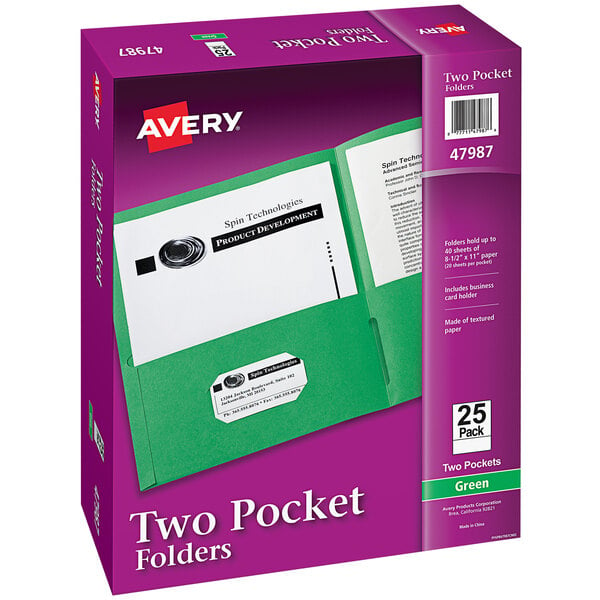 A package of 25 green Avery letter size 2-pocket folders.