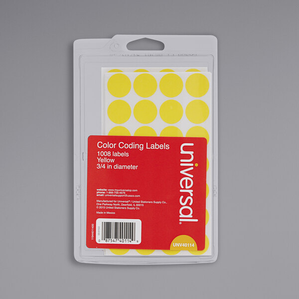 A package of Universal yellow round labels with white polka dots.