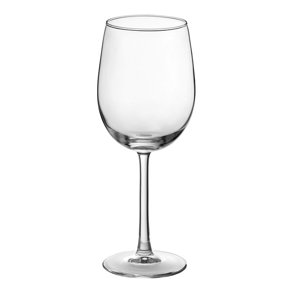 A clear 16 oz. wine glass with a long stem and rounded bowl.