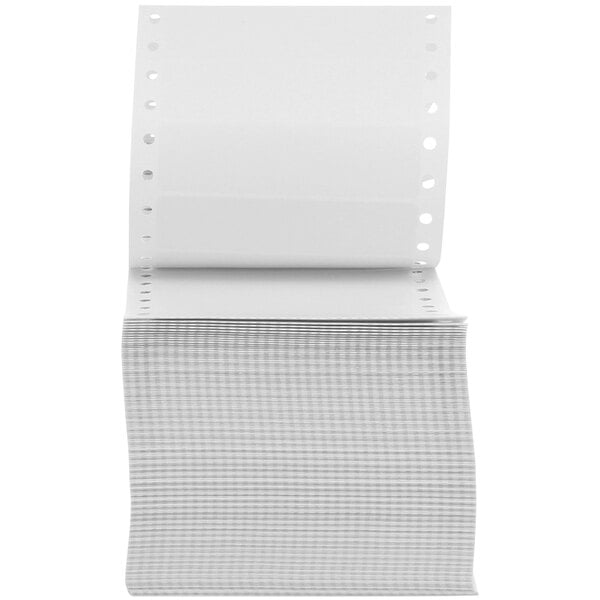 A stack of white Universal dot matrix printer labels with holes in the sides.