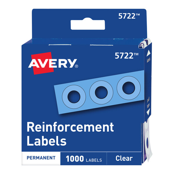 A blue box of Avery clear hole reinforcement labels with white text and blue circles.