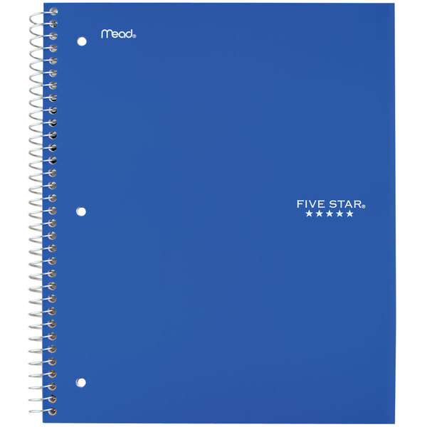 A blue Five Star spiral notebook with a spiral binding.