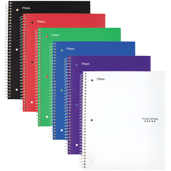 A close-up of a Five Star 5 subject notebook with spiral bound pages in assorted colors.